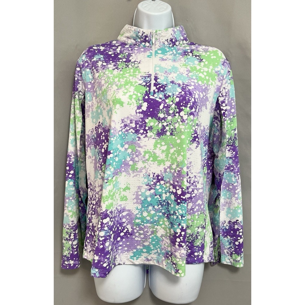 IBKUL Quarter Zip Sun Shirt in Purple Green & White Size XL Gym Training Women's